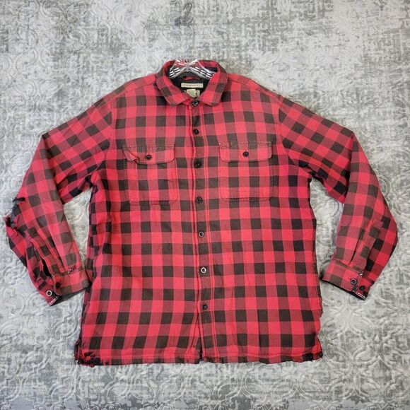LL Bean Shirt Mens Large Red Plaid Fleece Lined Shacket Flannel Jacket Thrashed - Picture 1 of 16